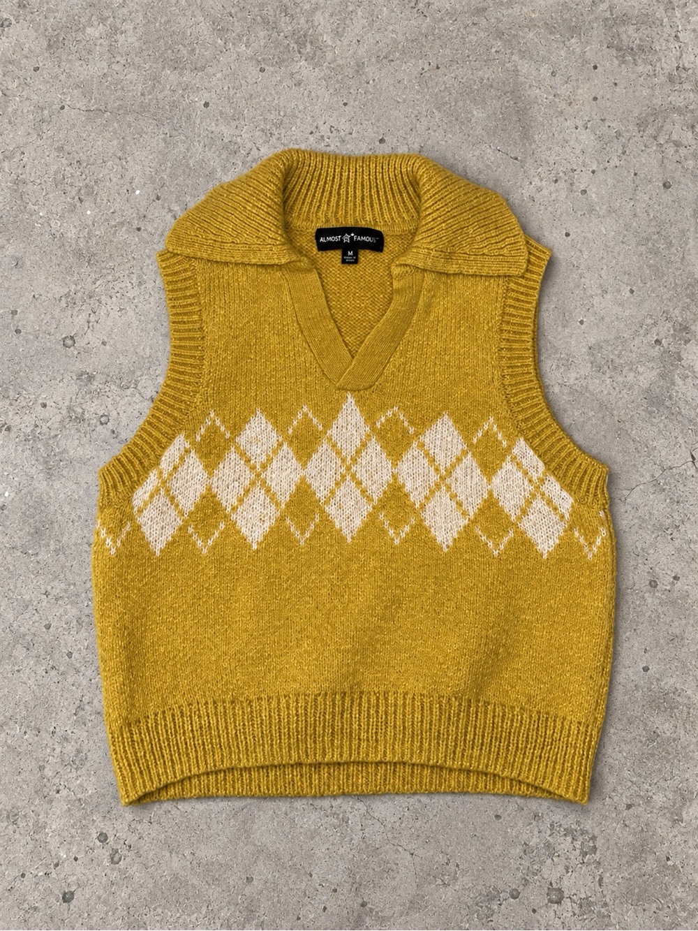 Almost Famous Yellow Argyle Collared Knit Sweater Vest
